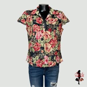 Harlow Vintage Tee MEDIUM Floral Semi-Sheer Blouse T-Shirt Collared Short Sleeve